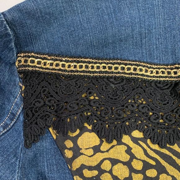 Elegant Boho Denim Jacket Black Lace Gold Chain Rockstar Y2K Goth Glam - Picture 14 of 16